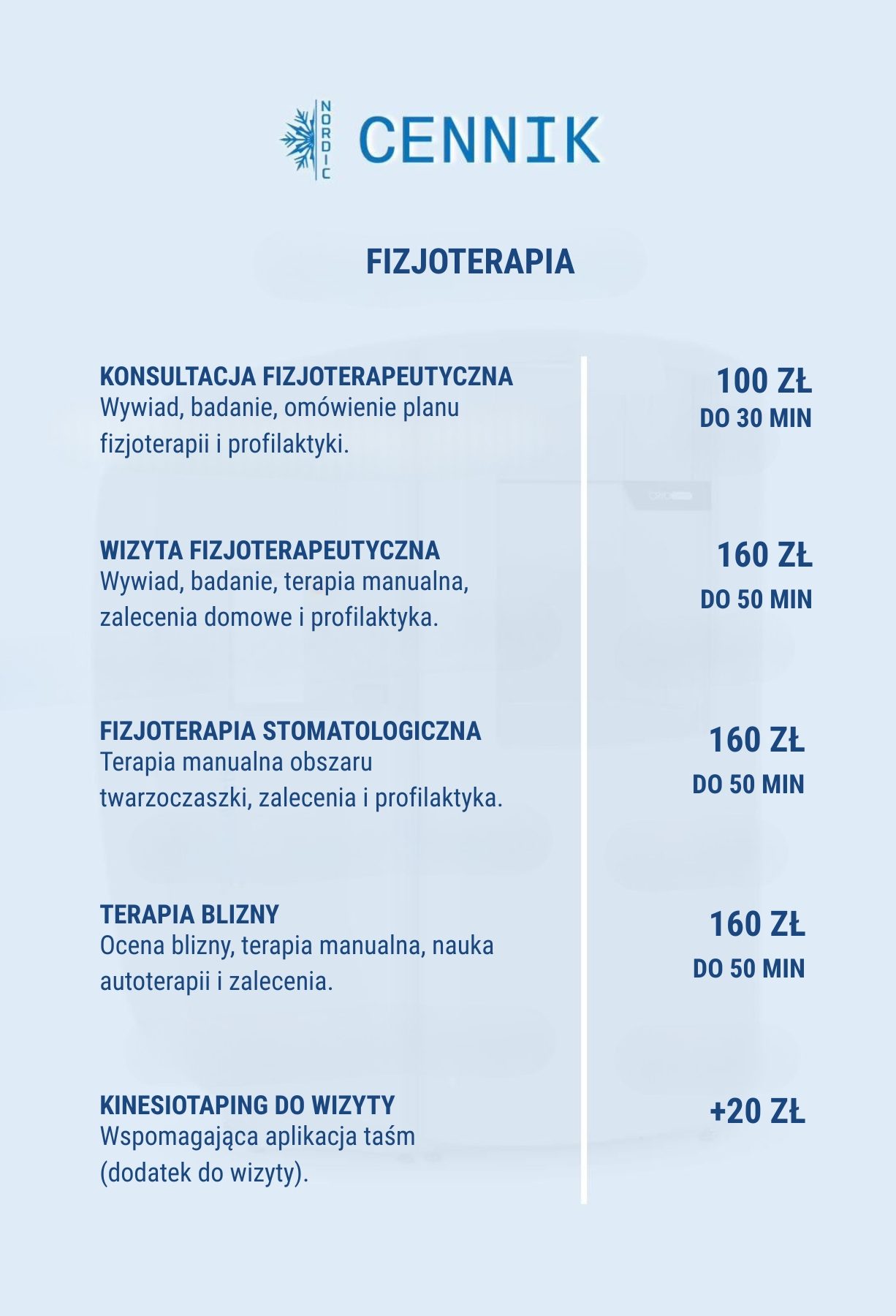 Cennik fizjoterapii w Nordic Częstochowa — konsultacja 100 zł, wizyta fizjoterapeutyczna 160 zł, kinesiotaping 20 zł